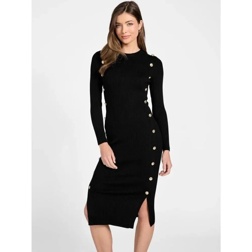 Guess Button Trim Midi Sweater Midi Dress Black Ribbed with Gold Buttons size L